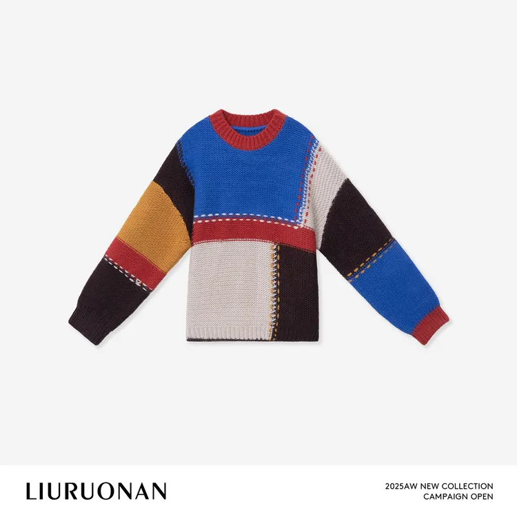 LIURUONAN 25WIN【蒙德里安】不规则撞色拼接针织圆领长袖毛衣秋冬