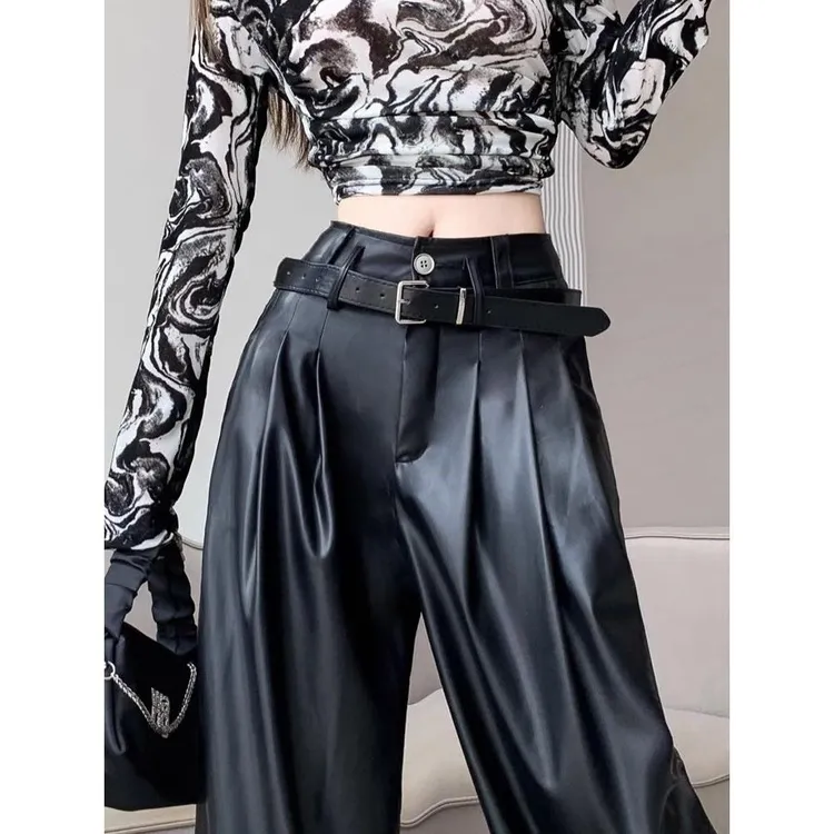 黑色皮裤子女宽松直筒秋季设计感褶皱高腰阔腿裤垂感拖地休闲裤