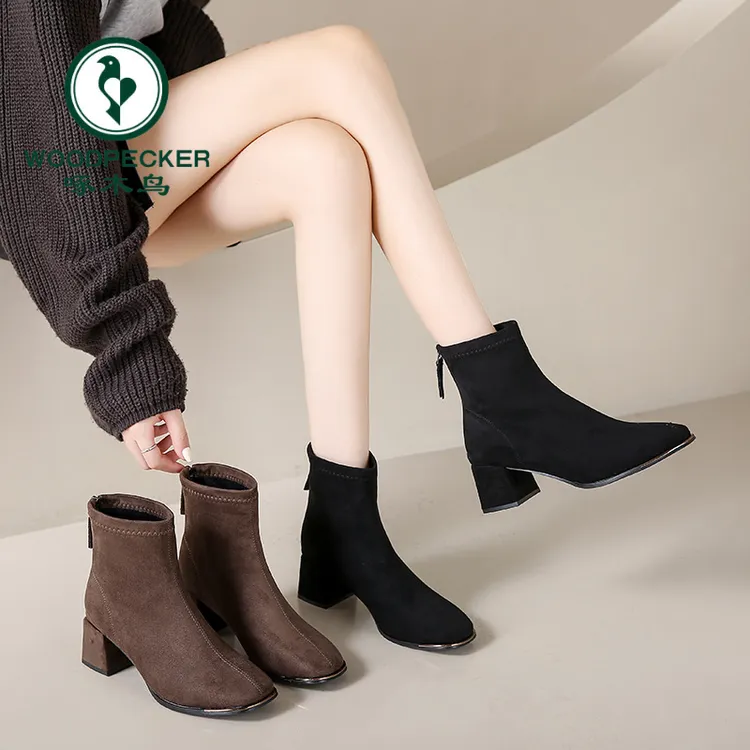 啄木鸟设计款绒面粗跟短靴2025秋季爆款方头瘦瘦靴马丁靴女弹力靴