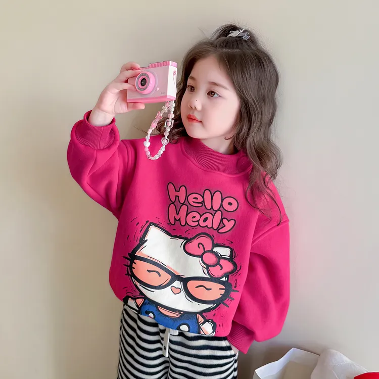 女童加绒卫衣秋冬装2025新款儿童卡通kt猫绒衫洋气宝宝加厚上衣潮