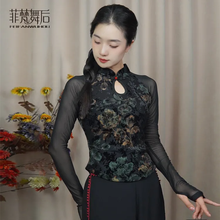 菲梵舞后中国风修身古典舞旗袍上衣夹指长袖舞蹈练功服现代舞服装