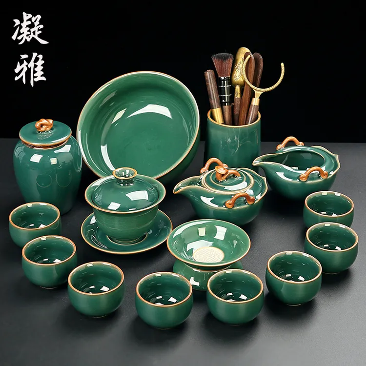 轻奢高档青瓷哥窑手抓壶功夫茶具套装家用高端茶壶茶杯泡茶器送礼