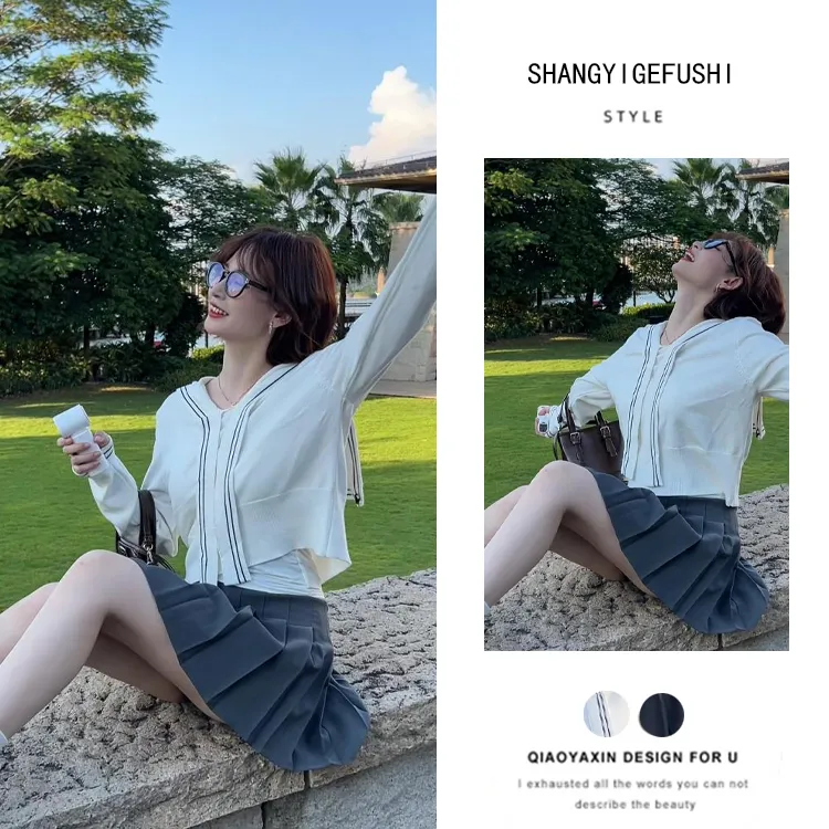 2025秋季减龄时尚套装学院风海军领针织上衣灰色百褶裙两件套女装