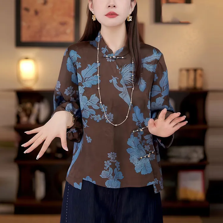 新中式改良唐装上衣斜襟国风立领衬衫女装秋季衬衣七分袖盘扣小衫