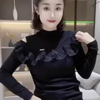 蕾丝露肩袖风纯色长袖拼接立领T恤时尚气质高领百搭
