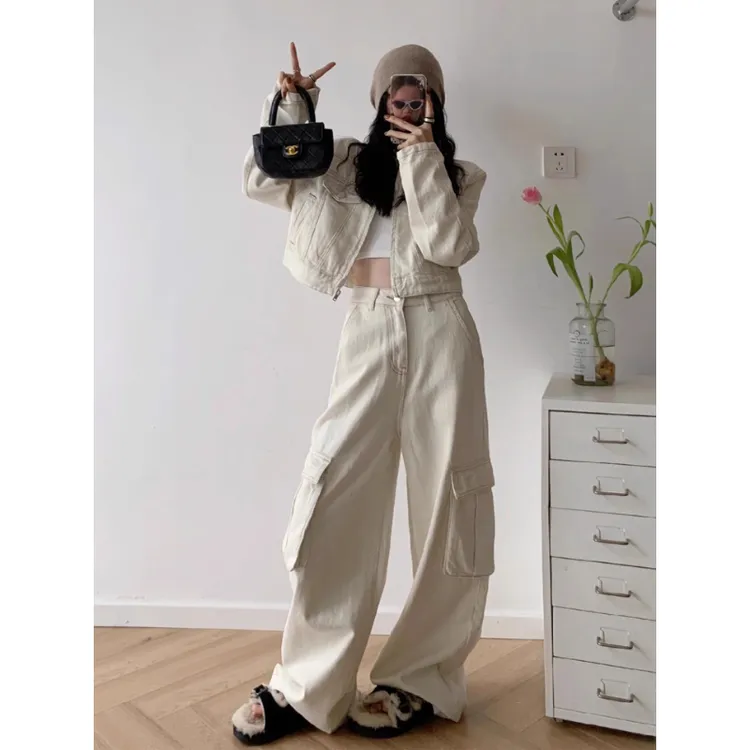 美式时尚套装女秋季韩版宽松显瘦夹克短外套工装阔腿裤休闲两件套