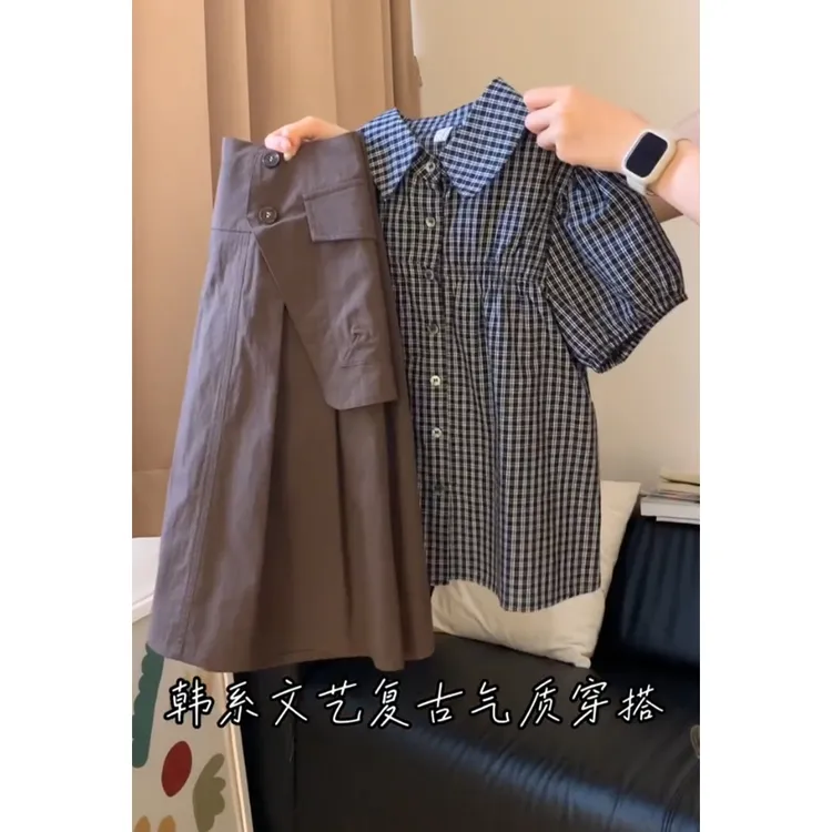 2025夏季新款韩版时尚休闲百搭显瘦格纹短袖上衣高腰半身裙两件套