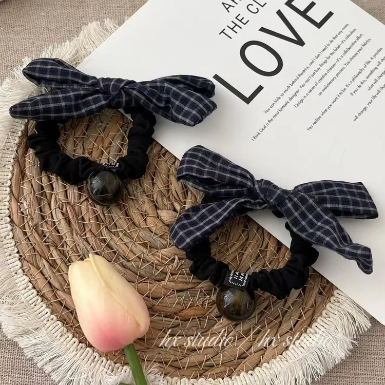 韩系蓝格纹蝴蝶结发圈女2025新款高级感后脑勺丸子头发绳耐用皮筋