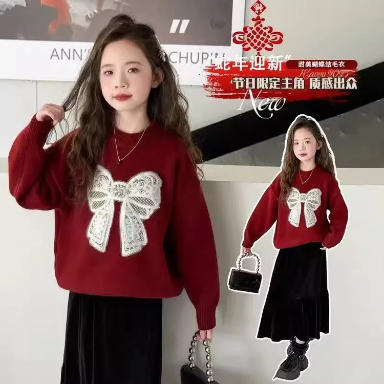 女童毛衣2025冬季新款中大童红色过年穿喜庆水貂绒套头加厚针织衫