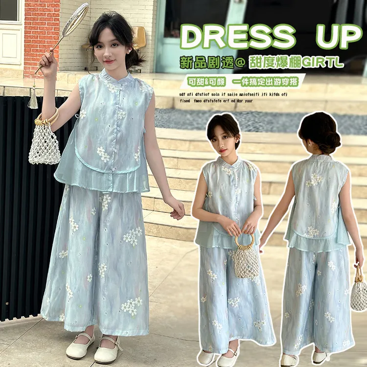 套装甜美夏季刺绣女童中大童