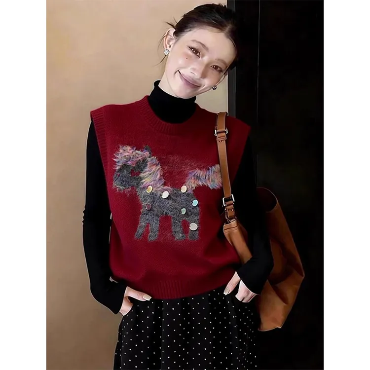 卡通小马针织背心两件套女秋冬新款新年红色穿搭显瘦百搭针织上衣