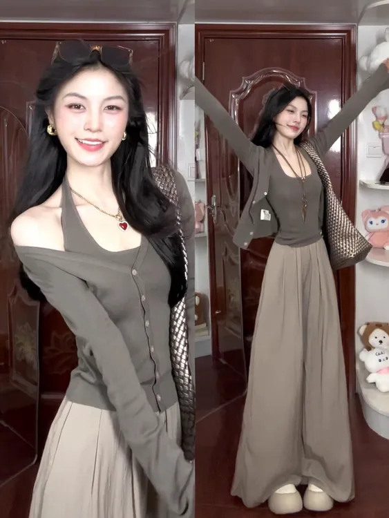 2025秋季新款韩版松弛穿搭针织开衫内搭挂脖背心搭配阔腿裤三件套