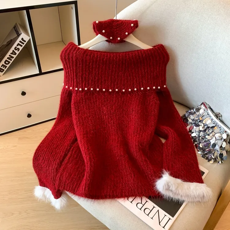 钉珠法式落肩袖修身洋气百搭红色宽松加厚套头秋冬季毛衣针织上衣