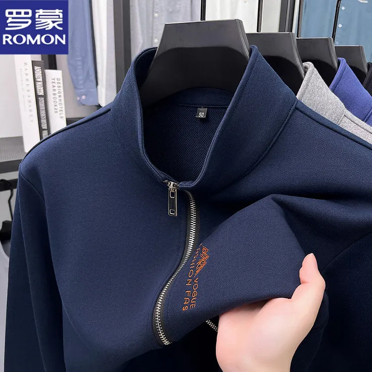 罗蒙100%纯棉拉链卫衣外套秋季25年新款立领中年男士夹克上衣开衫