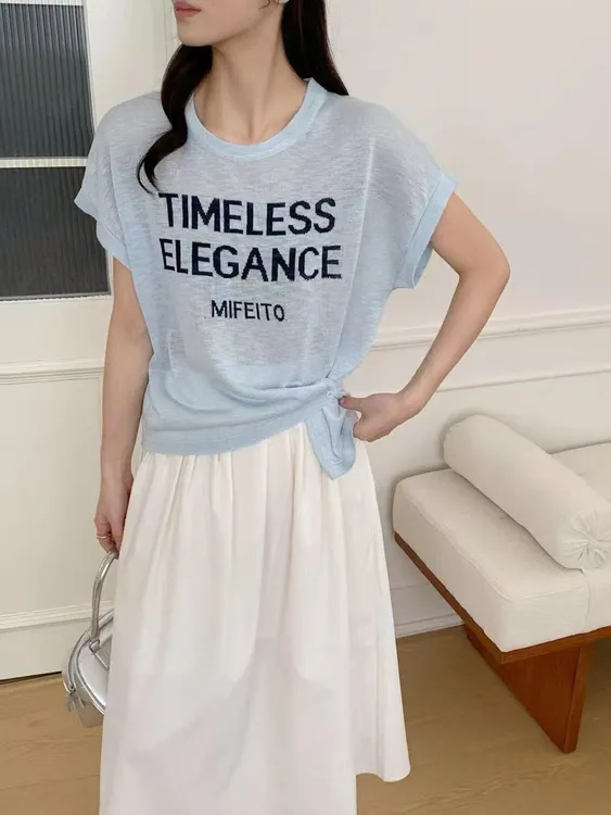 韩系圆领冰丝短袖针织衫女薄款2025年夏季时尚小飞袖上衣T恤9278