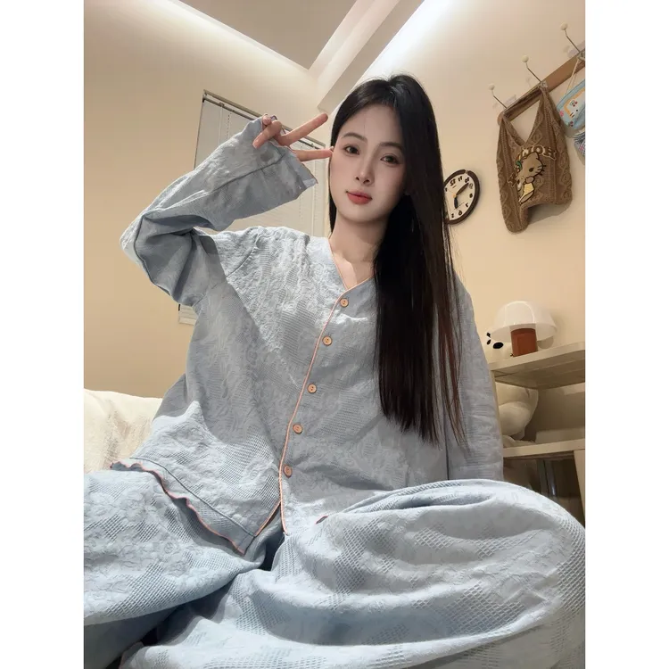 2025新款纯色简约甜美高级感睡衣女春秋长袖长裤家居服套装可外穿