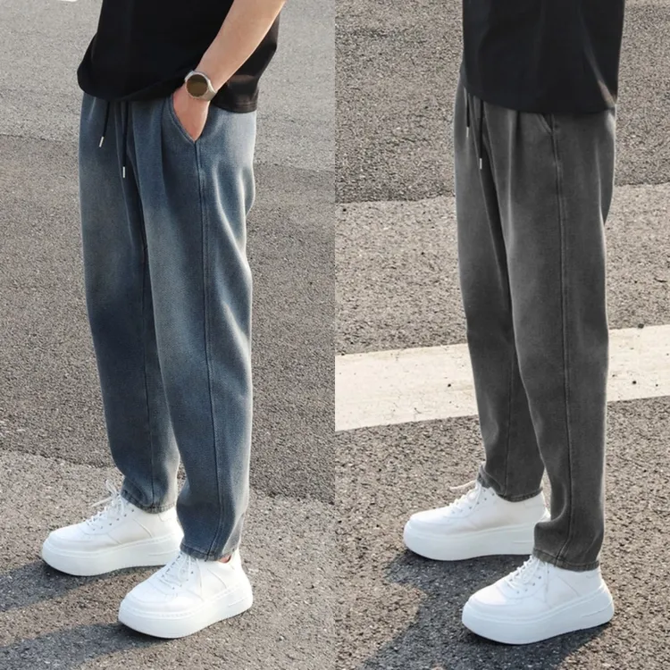秋冬加绒水洗黑牛仔卫裤版牛仔裤人字纹男款垂感宽松微锥直筒长裤