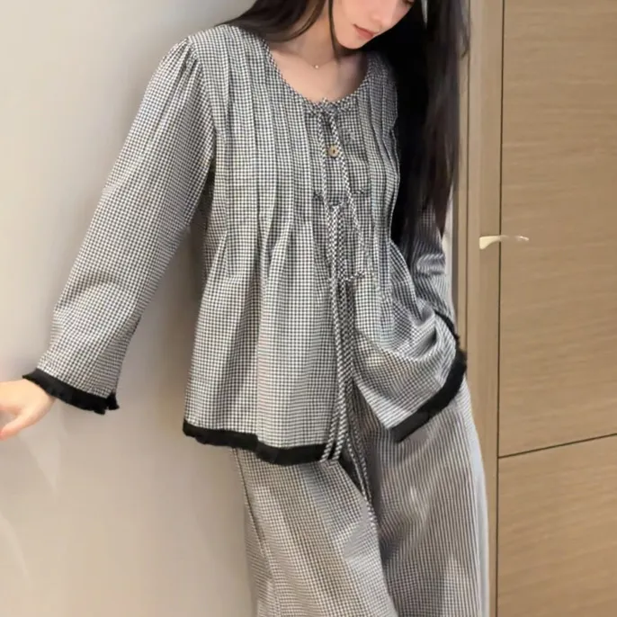 〈黑白维希格〉春秋薄款甜美小格子宽松女睡衣慵懒风家居服套装