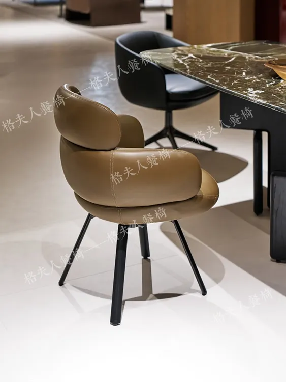 加厚轻奢中古风客厅意大利设计师原版新款别墅洽谈椅意式真皮餐椅