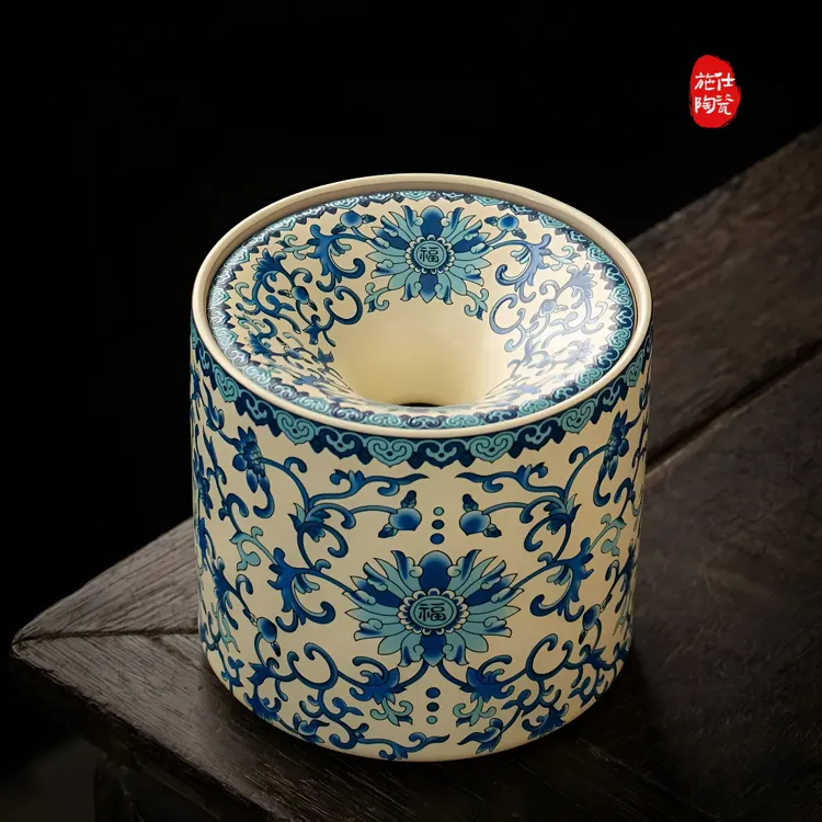 汝窑缠枝莲桌面茶渣缸中式陶瓷建水带盖茶杯洗烟灰缸茶道配件茶具