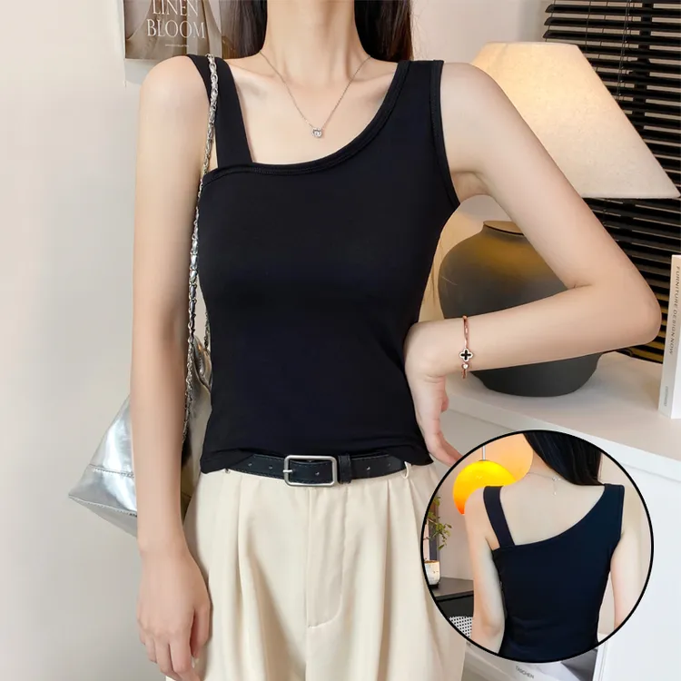黑色斜肩吊带背心女夏季内搭美背设计感修身打底无袖露肩外穿上衣