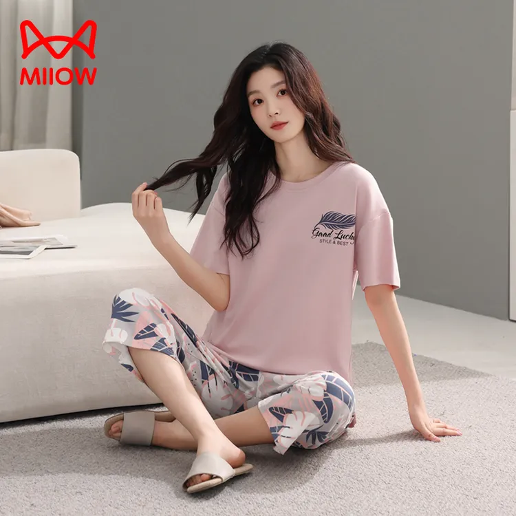 MiiOW/猫人带胸垫100%纯棉睡衣女春夏新款短袖七分裤可外穿家居服