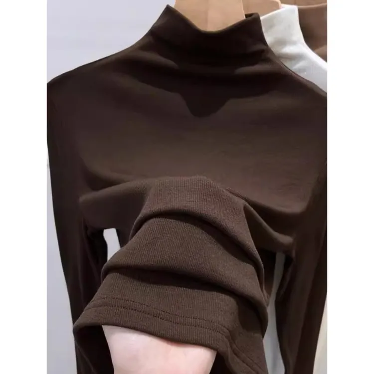 2025新款半高领长袖螺纹修身显瘦T恤打底衣秋冬黑色时尚打底衫女