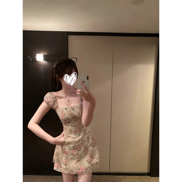 【摩洛哥花园】法式碎花方领连衣裙夏季甜美茶歇a字裙辣妹收腰短裙