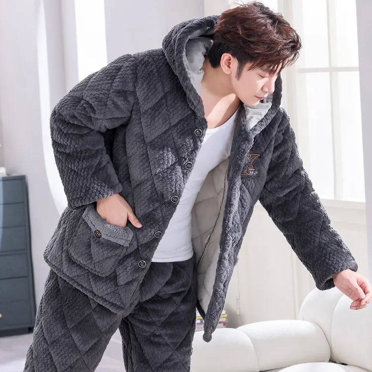 睡衣男士冬季三层加厚珊瑚绒夹棉保暖加绒法兰绒家居服连帽套装