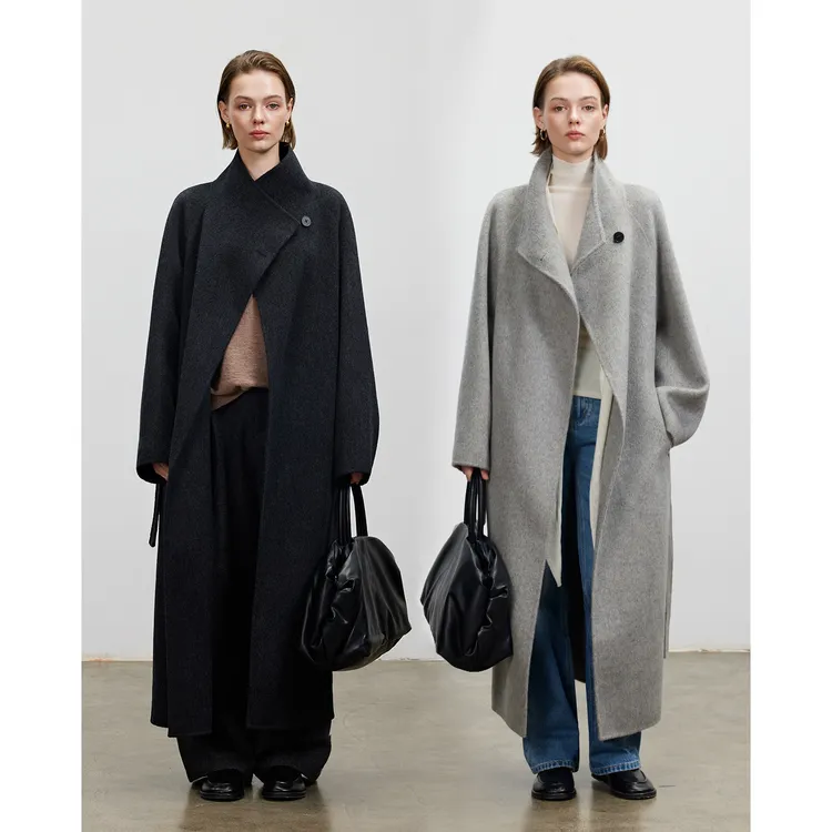 LUR 灰色高领100%羊毛双面毛呢外套女冬季新款赫本风保暖呢子大衣