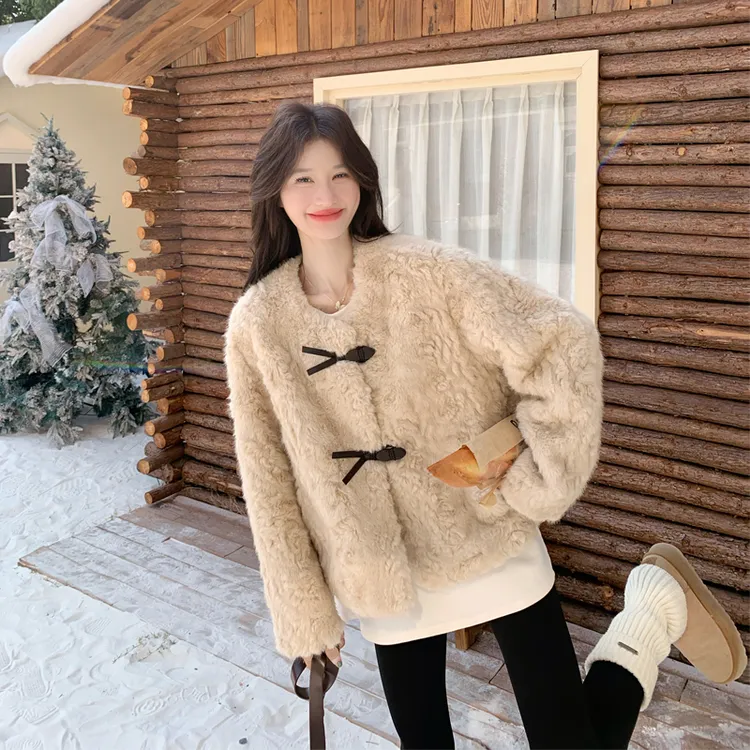 韩系ins风皮毛一体外套女2025冬季新款甜美减龄温柔风羊羔毛棉衣