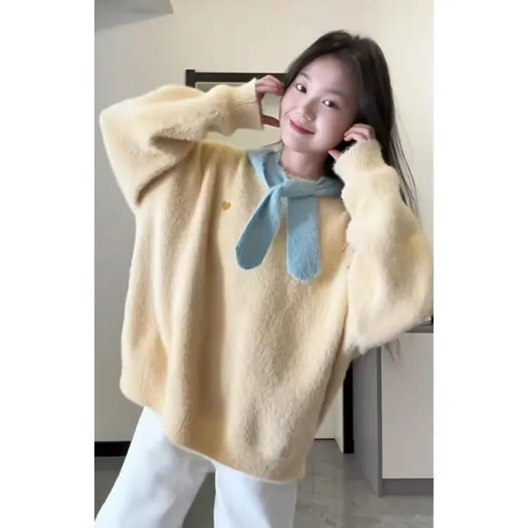 配围脖黄色套头毛衣女秋冬韩系氛围感穿搭宽松慵懒风针织衫上衣