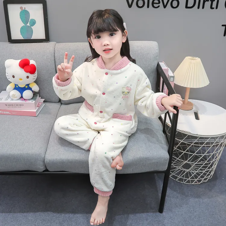 女童秋冬法兰绒睡衣女宝宝卡通珊瑚绒儿童女孩开衫加绒加厚家居服