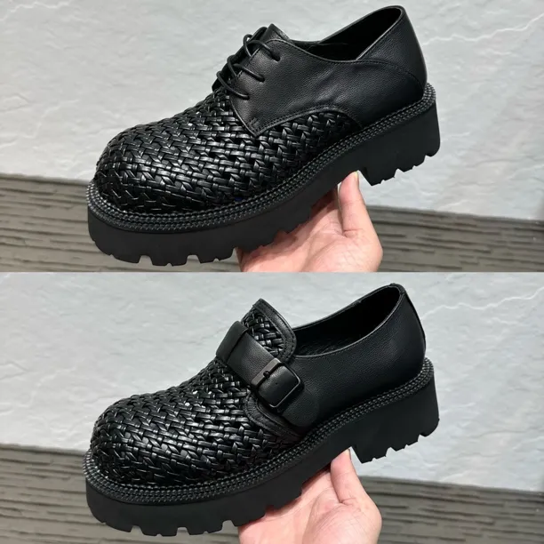 男士夏季透气增高编制工艺大头皮鞋德比乐福鞋