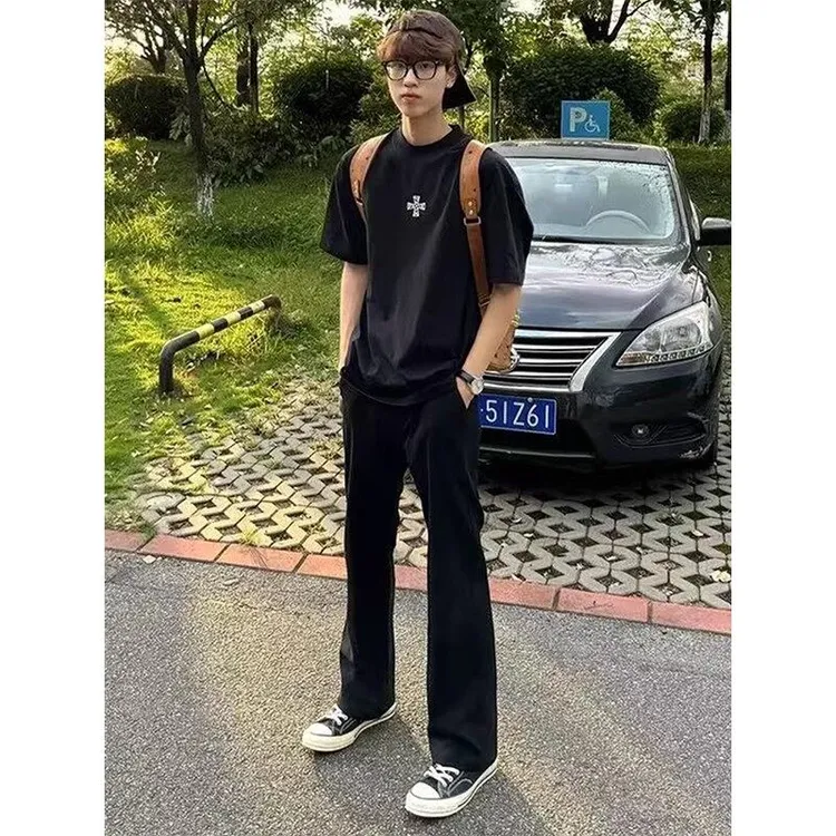 pansk黑色落肩短袖男款夏季美式复古小领口半袖cleanfit百搭T恤潮