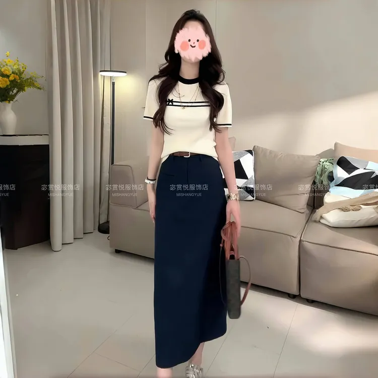 洋气休闲装2025夏季撞色短袖针织上衣T恤百搭半身裙显瘦气质套装