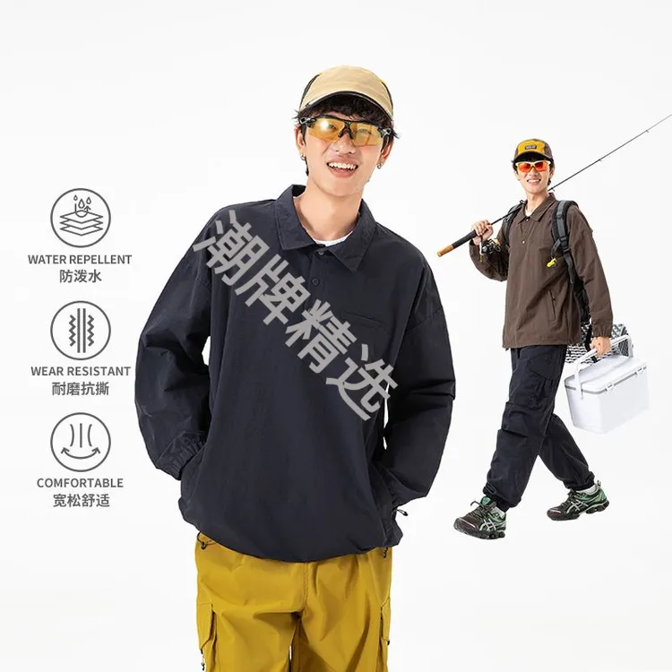 户外登山系防泼水速干半拉链秋冬休闲POLO衫男春秋季宽松工装长袖