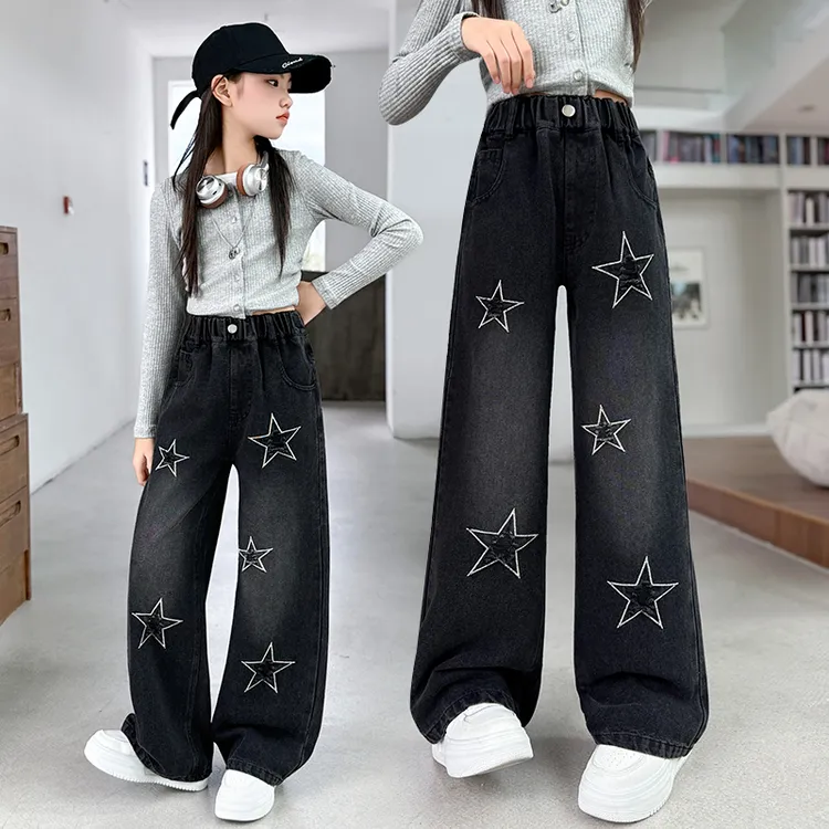 女童牛仔裤春秋款2025新款女大童阔腿裤秋装直筒儿童洋气裤子潮