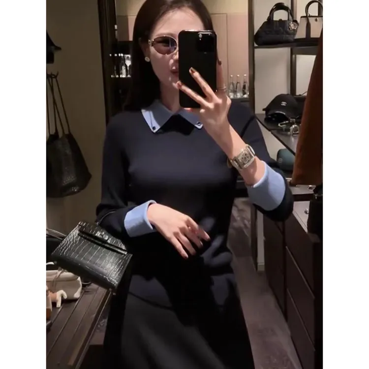 2025春秋季娃娃领欧货毛衣翻领纽扣针织衫打底衫上衣女