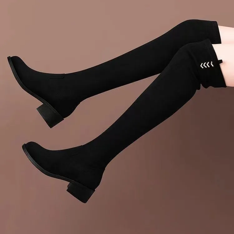 过膝靴女2024秋冬加絨长靴绒面瘦瘦靴粗跟弹力靴高筒靴显瘦长靴女