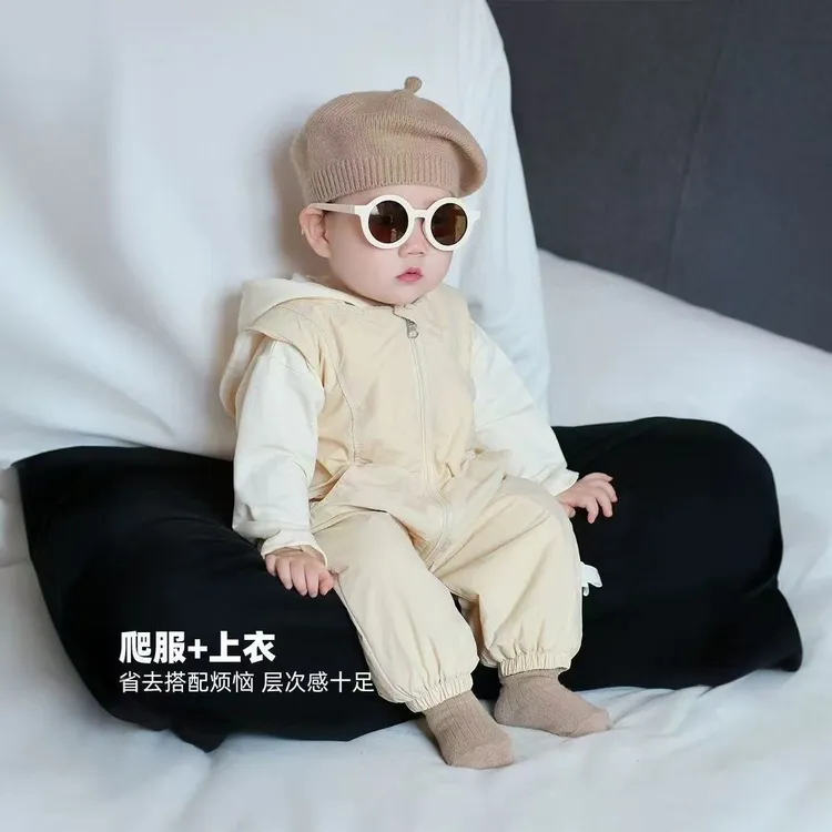 婴儿衣服宝宝冲锋衣套装背带裤双层连体衣拉链长袖连帽两件套衣服