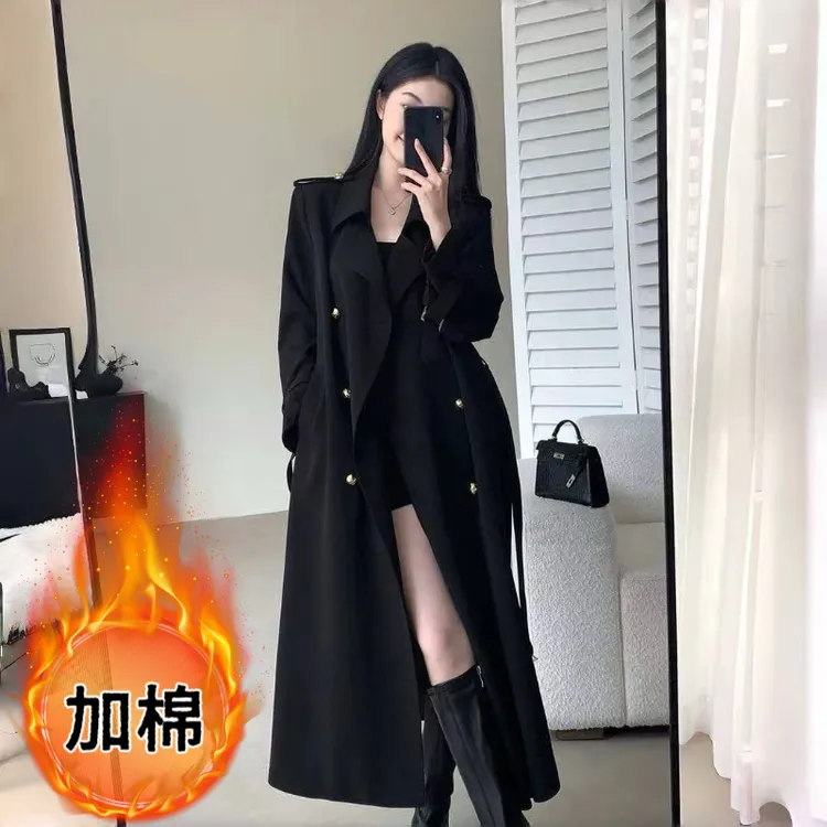 【加棉】春秋气质双排扣风衣女长款显瘦过膝外套黑色赫本风时尚百搭