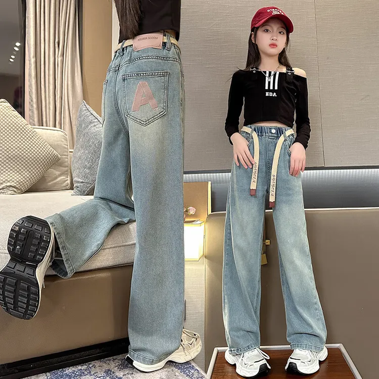 女童牛仔阔腿裤春秋时尚新款儿童洋气女孩中大童百搭休闲直筒裤