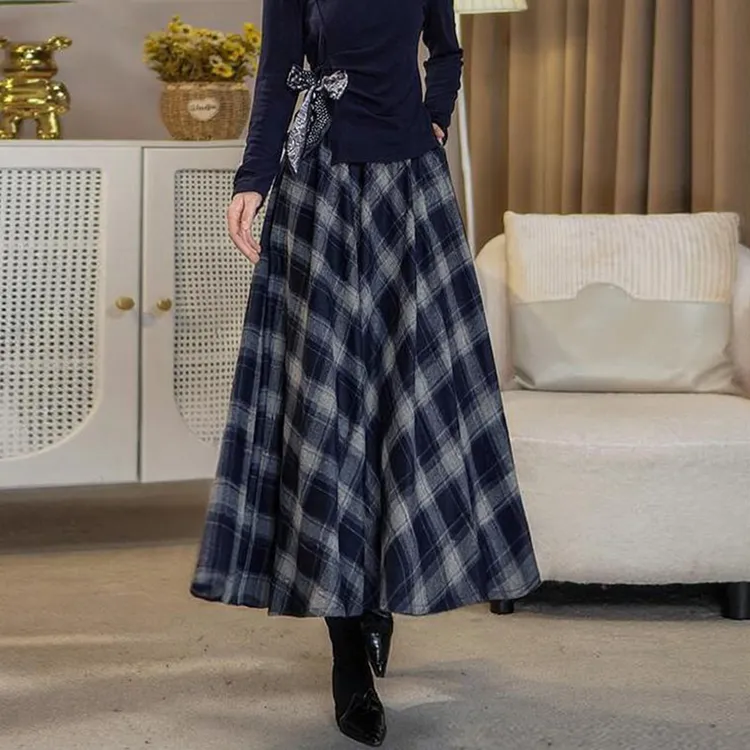 2025新款秋冬复古格纹A字半身长裙女高腰大摆毛呢裙休闲百搭显瘦