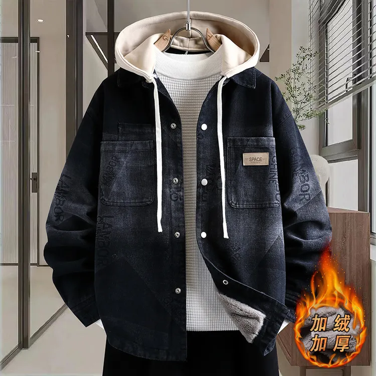 Mexican/稻草人冬季夹克新款牛仔外套加厚加绒连帽男休闲百搭外套