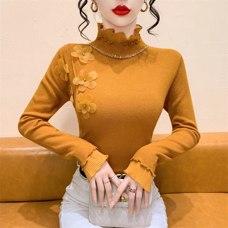 实拍 秋冬新款半高领假两件套立体化朵钉钻针织衫修身显瘦毛衣