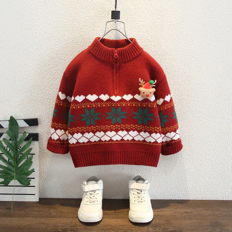 男童毛衣秋冬款圆领套头中小童冬季打底衫洋气儿童红色圣诞针织衫