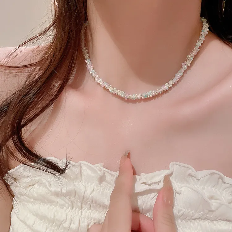 钛钢仿珍珠项链 多巴胺彩色小串珠编织项链少女精致甜美锁骨链