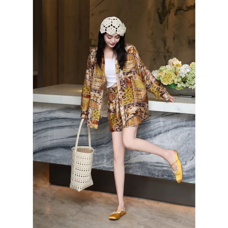 欧洲站女装2025夏波西米亚浪漫度假风宽松休闲防晒衬衫短裤套装潮