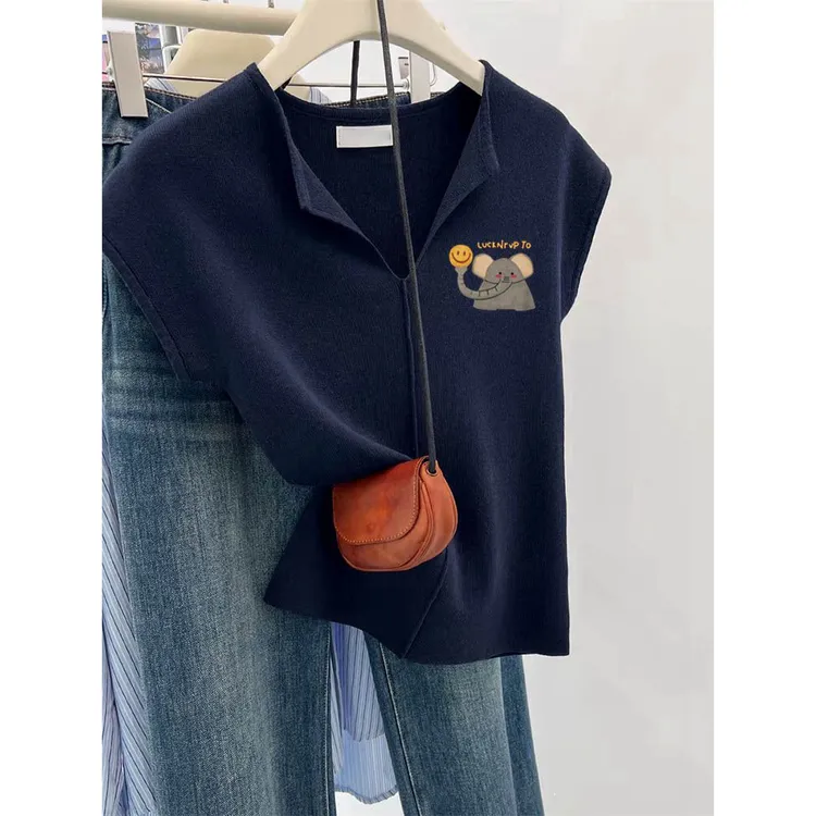 洋气减龄藏蓝色小象T恤2025年夏季新款复古独特别致百搭大码上衣